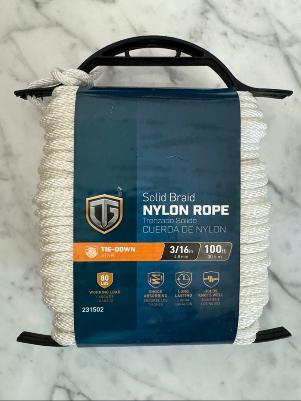 Tie-Down Rope 80 lbs working load •Solid Braid Nylon Rope 3/16in x 100ft - White